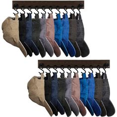 six pairs of socks hanging from hooks