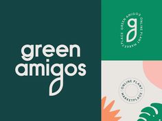 the logo for green amigoss is shown in three different colors and font styles