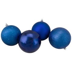 three blue christmas balls on a white background