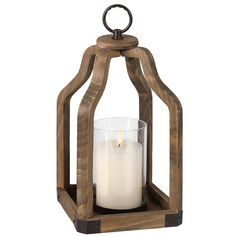 a wooden lantern with a lit candle inside