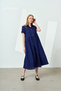 Long, loose linen dress with a classic shirt collar. This pleated linen dress has a high waist and is gathered at the waistline that makes it comfortable for many body types. Suitable for expectant and nursing mothers, due to its looseness and button fastening in the front. Sleeves end above the elbows and can be rolled up, if you prefer a shorter version. Side pockets add extra convenience. Wear this maxi linen dress with any flat footwear - sandals, sneakers or ballet flats. STYLE DETAILS * Lo Relaxed Fit Linen Button-up Dress, Collared Linen Daywear Dresses, Collared Linen Day Dress, Collared Linen Dress For Daywear, Short Sleeve Linen Maxi Dress For Work, Linen Collared Dresses With Buttons, Blue Linen Button-up Dresses, Dress With Shirt, Maxi Linen Dress