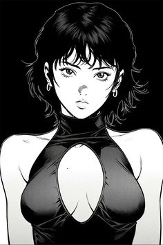 an anime character with very large breast and black hair, wearing a halter top