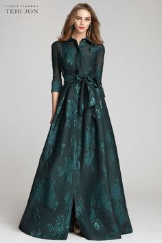 Teri Jon :: Metallic Jacquard Shirtdress Gown with Floral Print Mother Dress, Teri Jon, Evening Skirts, Balloon Sleeve Dress, Floral Print Skirt, Little White Dresses, Groom Dress, Shirtdress, Green And Blue