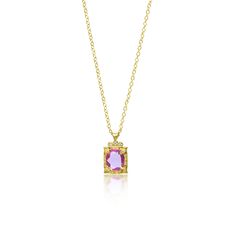 A square 18k Yellow Gold pendant set with a light pink sapphire. Three bead set diamond sit centered on top. 18k Yellow Gold Pink Sapphire Diamond Satin Finish 18k Yellow Gold Chain 1.08 Pink Sapphire 0.0115 ct Diamond Style gc467-4-6183 Rectangular Diamond Gemstone Necklace, Pink 14k Gold Jewelry With Single Cut Diamonds, Formal Yellow Gold Pink Sapphire Jewelry, Pink Octagon Diamond Jewelry, Gold Brilliant Cut Pink Sapphire Jewelry, Pink Sapphire Jewelry In Yellow Gold With Diamond Accents, Fine Pink Sapphire Necklaces For Formal Occasions, Elegant Yellow Gold Necklaces With Pink Sapphire, Pink Sapphire Jewelry In Pink Gold With Diamond Accents