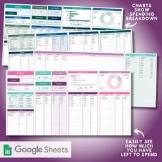 the printable spreadsheet for google sheets is shown in three different colors and sizes