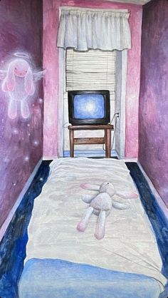 a drawing of a bed with a teddy bear on it and a tv in the corner