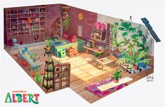 a room filled with furniture and plants on the floor in front of a book shelf