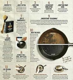 an old frying pan is shown with instructions on how to use it for cooking