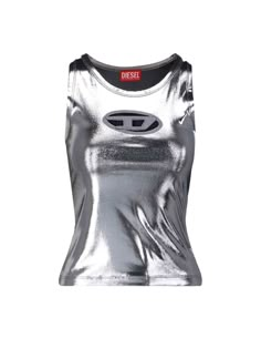 Diesel 'T-Lynys' top in metallic fabric with round neckline, sleeveless, tone-on-tone metal logo on the front, straight hem. composition: 96% polyester, 4% elastanesize and fit: slim | Diesel Women's Top t-lynys | SS24 Diesel Metallic, Diesel Top, Diesel Clothing, Metallic Fabric, Denim Design, Metal Logo, Stage Outfits, Kpop Outfits, Couture Fashion