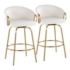 pair of white and gold bar stools with back rests against each other on a white background