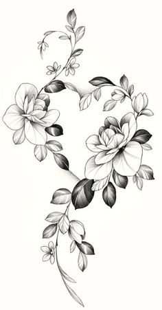 a drawing of flowers with leaves on the bottom and one flower at the top, in black and white