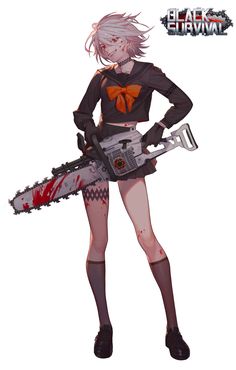 an anime character holding a chainsaw with blood all over her body and arms,