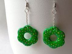 Earrings measure Approximately: 2-7/8" L One pair of handmade earrings. ~ Thank you kindly for taking the time to stop in and visit our shop. Please message us with any questions or concerns that you may have. Please stop back often to see our future listings. We love what we do & do what we love! SilverMoonStudio44 Fun Green Earrings For Birthday, Handmade Green Earrings For Birthday, Handmade Green Flower Earrings, Fun Green Polymer Clay Jewelry, Handmade Green Earrings For Birthdays, Fun Handmade Flower Jewelry, Polka Dot Earrings, Dot Earrings, Earrings Clay