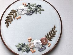 a white embroidered circle with flowers and leaves