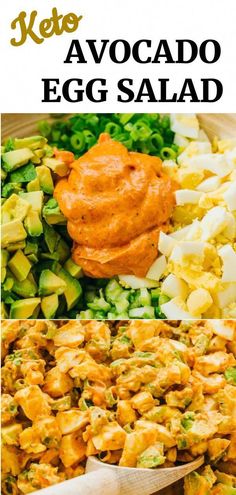 the ingredients to make avocado egg salad are shown in three different pictures, including eggs and vegetables