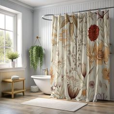 a bath room with a tub and a shower curtain