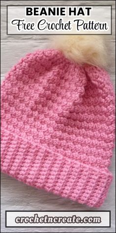 Free crochet pattern - Textured Beanie Hat from crochet 'n' create. Free fast, quick-easy-beginner-friendly. Add it to your hat board.