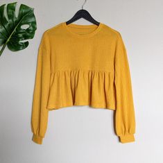 All Mustard Yellow Waffle Knit, Has Good Stretch Long Sleeve, Cropped, Peplum Style 65% Polyester | 35% Cotton Please Refer To Last Photo For Measurements And Fit Cotton Knit Top With Ruffles For Fall, Fall Cotton Knit Top With Ruffles, Yellow Ribbed Long Sleeve Top, Yellow Ribbed Sweater For Fall, Yellow Ribbed Long Sleeve Sweater, Spring Yellow Ribbed Sweater, Yellow Long Sleeve Ribbed Sweater, Yellow Ribbed Tops For Winter, Yellow Textured Knit Crew Neck Top