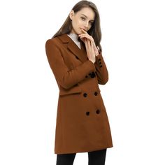 This coat is a fashionable piece for your wardrobe, featuring classic long sleeves and double-breasted buttons. A solid color keeps this piece perfectly sophisticated. It is paired perfectly with your favorite pants and boots for a charming look. A Day-to-Night Coat for Your Everyday Fashion. Occasions: This coat suits coffee shops, shopping, work, office, business, weekend gatherings, formal, and outdoors in chilly cold winter. Long Jackets For Women, Double Breasted Overcoat, Winter Overcoat, Long Winter Coats, Double Breasted Trench Coat, Wool Peacoat, Office Business, Coffee Shops, Suits Coats