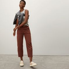 The shape of things to come. Made of lightweight cotton twill with just a touch of stretch, the Utility Barrel Pant is complete with a waist-nipping high rise, a cool curved leg, and an easy cropped length. Plus, it has utilitarian details, like accent stitching and patch pockets for a craftsman-inspired look. Utility Barrel Pant, Barrel Pants, Drape Pants, Cropped Chinos, Petite Pants, Cotton Pants, Straight Leg Pants, Cropped Pants, High Waist Jeans