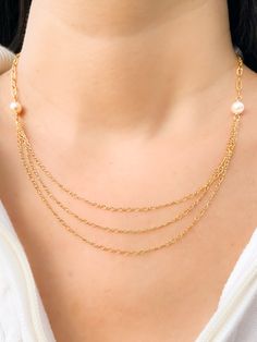 White Multi-strand Double Chain Necklace, Dainty White Chain Necklace For Layering, White Delicate Chain Necklace For Layering, Everyday White Double Chain Necklace, Multi-strand Paperclip Chain Necklace, Three Chain Necklace, Single Necklace, Rice Pearls, White Freshwater Pearl