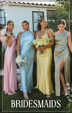 the bridesmaids are all wearing different colored dresses