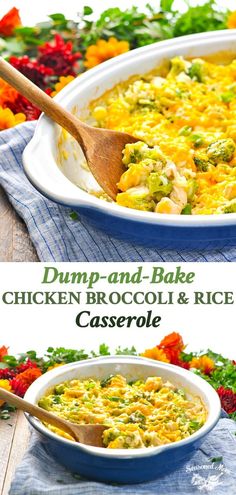 two images showing different types of casserole with broccoli and cheese in it