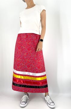 Handmade from high quality medium weight cotton fabric, this skirt features black, red, yellow and white ribbons appliqués and a comfortable elastic waistband. Available in sizes XS to 3XL and three lengths: knee-length, tea-length, and ankle-length. Also available for custom orders tailored to your specific preferences. Simply enter your waist and hip measurements, as well as your preferred length or preferred ribbon colors, in the personalization section. If you would like to add two hidden si Powwow Outfits, Native American Dress, Jingle Dress, Ribbon Skirt, Native American Clothing, Rainbow Ribbon, Ribbon Skirts, Ribbon Dress, Ribbon Shirt