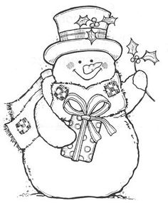 a black and white drawing of a snowman wearing a top hat holding a present