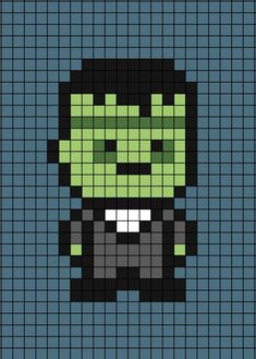 A pixel art template of Frankenstein. Halloween Grid Art, Pixel Art Ideas Halloween, Pixel Art Pattern Halloween, Halloween Pixel Art Grid, Spooky Pixel Art, Fall Pixel Art, Pixel Art Mario, Pixel Art Halloween, Halloween Pixel Art