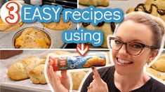 the woman is showing off her recipe for baking cookies and other baked goods in front of her