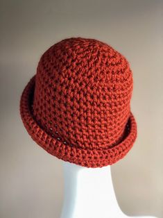 Rust Roll Brim Hat, Crochet Winter Hat in Bold Rust Color, Chunky and Warm Fits Ladies or Teens Average by LazyTcrochet on Etsy Knitted Yarn Cloche Hat One Size, Warm Brimmed Crochet Knit Hat, Brimmed Crochet Yarn Beanie, Knit Yarn Hat For Fall, Brimmed Yarn Cloche Hat For Winter, Yarn Brimmed Cloche Hat For Winter, Adjustable Cotton Yarn Winter Hat, Winter Yarn Brimmed Cloche Hat, Winter Bucket Hat In Cotton Yarn