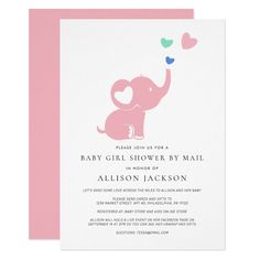 a baby girl shower card with an elephant holding hearts