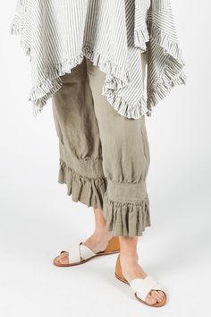 Janis Bloomer Long Henna Linen, USA Summer Ruffled Relaxed Fit Pants, Summer Ruffle Pants With Relaxed Fit, Spring Lagenlook Linen Pants, Lagenlook Linen Pants For Summer, Lagenlook Relaxed Fit Linen Pants, Spring Linen Bottoms With Ruffle Hem, Bohemian Linen Pants For Spring, Chic Ruffled Linen Bottoms, Chic Linen Bottoms With Ruffles