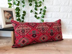 a red pillow sitting on top of a wooden floor next to a framed photo and potted plant