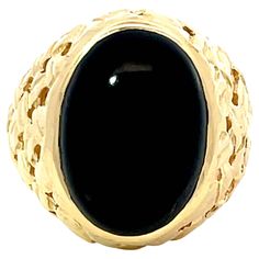 Ring Specifications: Metal: 14k Yellow Gold Total Weight: 11.8 Grams Onyx Measurements: 16.5 mm x 13.2 mm x 5.9 mm Onyx Carat Weight: ~9.18 carats Ring Size: 9 (resizable) Stamped: "585" "14K" Condition: Preowned Formal 14k Gold Oval Cabochon Dome Ring, Luxury Black Oval Rings, Formal Black Oval Ring, Formal Black Oval Rings, Luxury Oval Onyx Signet Ring, Luxury Oval Signet Ring With Black Enamel, Classic Black Oval Cabochon Ring, Luxury Oval Black Enamel Signet Ring, Oval Cabochon Signet Ring For Formal Occasions