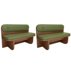 two wooden benches with green cushions sit side by side