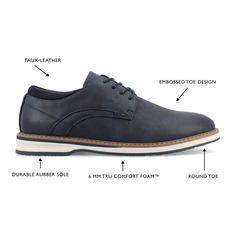 Meet the Leon dress shoe from Vance Co., a refined and comfortable choice featuring a 1-inch block heel, lace-up closure, and round toe design. Crafted with faux leather, fabric lining, and a 12 mm Tru Comfort Foam™ footbed, it provides both style and cushioned support for various occasions. The rubber outer sole ensures reliable traction, making the Leon a sophisticated and practical addition to your footwear collection. Cushioned Synthetic Oxfords For Business Casual, Low-top Synthetic Dress Shoes For Work, Synthetic Brogue Dress Shoes For Work, Synthetic Lace-up Shoes With Brogue Detailing, Spring Lace-up Dress Shoes With Cushioned Footbed, Synthetic Round Toe Lace-up Shoes For Derby, Synthetic Lace-up Oxfords For Work, Lace-up Synthetic Oxfords For Work, Lace-up Dress Shoes With Rubber Sole