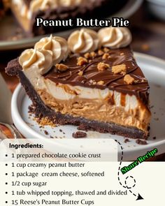 a piece of chocolate peanut butter pie on a white plate with the recipe below it