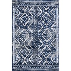 a blue and white rug with an intricate design