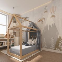 a child's room with a bed and toys