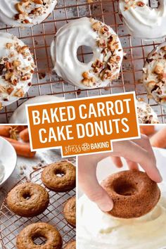 baked carrot cake donuts on a cooling rack with frosting and nuts in the background