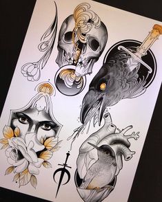 an image of tattoos on paper with skulls and roses in it's centerpieces