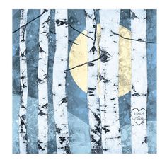 a painting of trees with the moon in the background