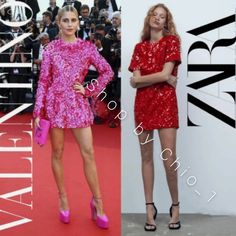 two women in short dresses and high heels on the red carpet, one is wearing pink