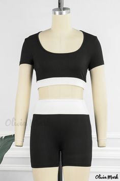 Olivia Mark - Womens Black Casual Sportswear: Patchwork Contrast O Neck, Short Sleeve Two-Piece Set Fitted Gym Activewear With Contrast Panels, Sporty Stretch Tops With Contrast Color, Sporty Fitted Top With Contrast Color, Sporty Fitted Activewear With Contrast Panels, Black Spliced Activewear For Gym, Summer Sports Tops With Contrast Color, Sporty Stretch Tops With Splicing Details, White Tops With Contrast Color For Loungewear, White Contrast Color Top For Loungewear