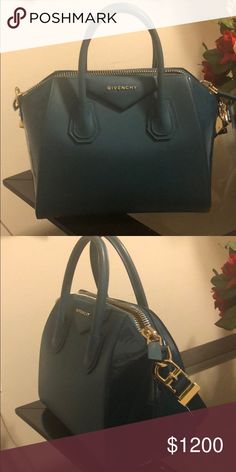 Givenchy Purse. Here is a turquoise givenchy purse, fairly brand new. On the sides is patent and leather. This purse is beautiful for a everyday wear. Givenchy Bags Shoulder Bags Elegant Turquoise Bag For Formal Occasions, Givenchy Purse, Givenchy Bags, Givenchy Bag, I Love Makeup, Givency Antigona Bag, Bags Shoulder, Designer Handbags, Givenchy