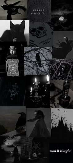 black and white collage with various images including a cat, raven bird, candlelight