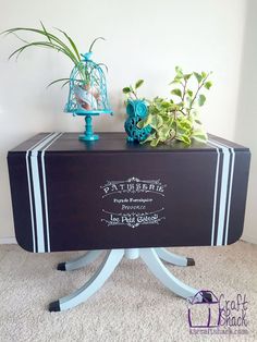 a table with two plants on it and a birdcage sitting on top of it