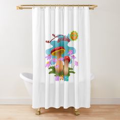 a shower curtain with mushrooms and flowers on it